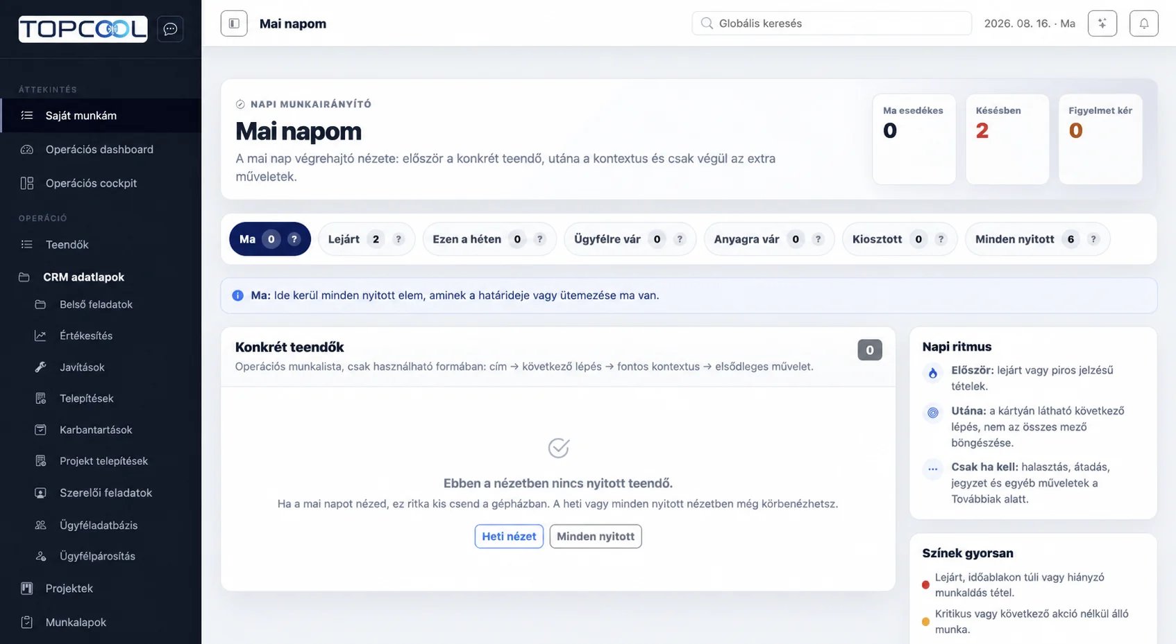 TopCool vállalatirányítási rendszer – napi munkairányító felület